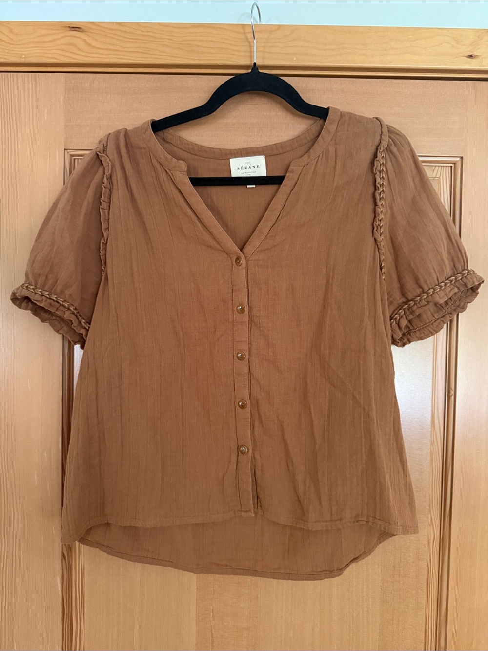 Sezane Wanda Blouse Blouse with Braided Trim - Camel Button-Front Cotton